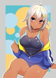 Rule 34 | 1girl, ahoge, black choker, blue jacket, blue one-piece swimsuit, blush, breasts, choker, cleavage, closed mouth, collarbone, commentary, cowboy shot, dark-skinned female, dark skin, fang, fang out, food, food-themed hair ornament, fruit, grey hair, hair ornament, hayama marin, highres, jacket, unworn jacket, large breasts, lime (fruit), lime slice, looking at viewer, mole, mole under eye, nijisanji, one-piece swimsuit, red eyes, sacha, sitting, smile, solo, swimsuit, swimsuit under clothes, thick eyebrows, thighs, virtual youtuber