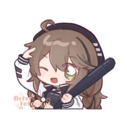 Rule 34 | 1girl, ;d, ahoge, arknights, arm up, artist name, baseball bat, beret, black hat, black jacket, black shirt, brown hair, chibi, cropped torso, cuora (arknights), green eyes, hair between eyes, hat, holding, holding baseball bat, jacket, kkkkuro, looking at viewer, multicolored hair, one eye closed, open clothes, open jacket, open mouth, shirt, simple background, smile, solo, streaked hair, upper body, white background