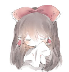Rule 34 | 1girl, :o, bad id, bad pixiv id, blush, bow, brown hair, closed eyes, cottontailtokki, facing viewer, hair between eyes, hair bow, hair tubes, hakurei reimu, holding, holding pillow, long hair, long sleeves, open mouth, pillow, red bow, shirt, simple background, sleeves past wrists, solo, touhou, upper body, very long hair, white background, white shirt