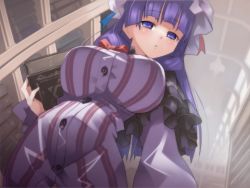 Rule 34 | 1girl, blue eyes, book, bookshelf, bow, breasts, curvy, female focus, frills, from below, hat, huge breasts, library, long hair, long sleeves, patchouli knowledge, purple hair, shishamo@, solo, touhou, very long hair, voile