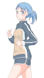 Rule 34 | 1girl, :o, blue eyes, blue hair, blush, commentary request, cowboy shot, dolphin shorts, from side, hi iro, jacket, jogging, long sleeves, looking at viewer, looking to the side, parted lips, ponytail, short shorts, shorts, simple background, solo, standing, white background