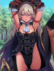 Rule 34 | 1girl, alternate costume, armor, arms up, black armor, blush, bound, bound arms, breasts, cameltoe, cape, choker, cleavage, cleft of venus, corrin (female) (fire emblem), corrin (fire emblem), day, fat mons, fire emblem, fire emblem fates, forest, jewelry, lasterk, long hair, looking at viewer, nature, nintendo, outdoors, pointy ears, purple eyes, restrained, sky, solo focus, tentacles, thighhighs, thighs, torn cape, torn clothes, white hair