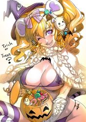Rule 34 | 1girl, :d, bad id, bad pixiv id, bikini, blonde hair, breasts, capelet, food, halloween, hat, jack-o&#039;-lantern, large breasts, long hair, one eye closed, open mouth, original, pumpkin, purple eyes, simple background, smile, solo, sweets, swimsuit, thighhighs, twintails, white background, witch hat, yumeji kiriko