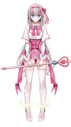 Rule 34 | 1boy, blue eyes, blue panties, blush, bow, bowtie, bulge, choker, closed mouth, clothes lift, crossdressing, dress, dress lift, elbow gloves, erection, erection under clothes, eyebrows, gloves, hair ribbon, lifted by self, long hair, looking down, magical boy, magical girl, multicolored hair, neck ribbon, panties, pink dress, pink hair, pink ribbon, ribbon, serialhypno, short sleeves, sidelocks, simple background, staff, standing, striped clothes, striped panties, thighhighs, trap, underwear, very long hair, white background, white hair, white panties