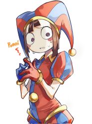 Rule 34 | 1girl, asymmetrical gloves, blue eyes, blue gloves, blush stickers, brown hair, character name, commentary request, corrupted twitter file, gloves, gumago76, hat, hat bell, highres, index fingers together, jester cap, korean commentary, looking at viewer, mismatched gloves, pomni (the amazing digital circus), puffy short sleeves, puffy sleeves, red eyes, red gloves, short hair, short sleeves, simple background, solo, striped clothes, striped headwear, sweat, teeth, the amazing digital circus, two-tone eyes, upper body, vertical-striped clothes, vertical-striped headwear, white background