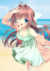 Rule 34 | ahoge, asakura otome, bare shoulders, beach, blue eyes, blush, bow, breasts, brown hair, cleavage, clothes lift, cloud, cloudy sky, collarbone, commentary request, da capo, da capo ii, day, dotted background, dress, dress lift, green bow, green dress, hair between eyes, hair bow, hair intakes, hand up, highres, jacket, kayura yuka, layered dress, long hair, looking at viewer, ocean, one eye closed, open clothes, open jacket, open mouth, orange jacket, sky, sleeveless, sleeveless dress, small breasts, smile, sundress, very long hair