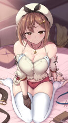 Rule 34 | 1girl, atelier (series), atelier ryza, belt, beret, blush, breasts, brown hair, cleavage, collarbone, cropped shirt, feet, gloves, hat, highres, indoors, kasai shin, large breasts, looking at viewer, microskirt, navel, off-shoulder shirt, off shoulder, red skirt, reisalin stout, shirt, single glove, sitting, skindentation, skirt, smile, solo, thighhighs, thighs, toeless legwear, unworn belt, wariza, white hat, white thighhighs
