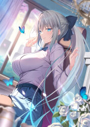 Rule 34 | 1girl, absurdres, backlighting, black bow, blue eyes, blue skirt, bow, bowtie, braid, breasts, bug, butterfly, chair, collared shirt, curtains, dress shirt, fate/grand order, fate (series), flower, french braid, grey hair, hair bow, highres, insect, large breasts, long hair, long sleeves, looking at viewer, mishiro (ixtlolton), morgan le fay (fate), pleated skirt, ponytail, shirt, sidelocks, sitting, skirt, solo, thighs, very long hair, white shirt, window