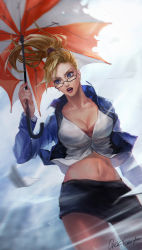 Rule 34 | 1girl, bespectacled, blonde hair, blue eyes, breasts, cleavage, earrings, female focus, forecast janna, glasses, highres, jacket, janna (league of legends), jewelry, large breasts, league of legends, long hair, looking to the side, midriff, miniskirt, nail polish, navel, open mouth, oreki genya, pencil skirt, ponytail, rain, skirt, solo, umbrella, underwear