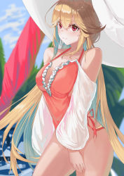 Rule 34 | 1girl, absurdres, arms at sides, azur lane, bare shoulders, blonde hair, blue sky, blurry, blurry background, breasts, cleavage, closed mouth, collarbone, colored inner hair, cowboy shot, from side, hair between eyes, hair flaps, halterneck, hat, highleg, highleg swimsuit, highres, large breasts, long hair, looking at viewer, multicolored hair, one-piece swimsuit, pink one-piece swimsuit, plunging neckline, red eyes, richelieu (azur lane), richelieu (fleuron of the waves) (azur lane), rinda (5362181), sky, smile, summer, sun hat, swimsuit, very long hair
