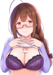Rule 34 | 1girl, ahoge, between breasts, blush, bra, braid, braided ponytail, breasts, brown eyes, brown hair, cai geng, cleavage, closed mouth, clothes lift, glasses, hair over shoulder, hamster, highres, idolmaster, idolmaster shiny colors, kuwayama chiyuki, large breasts, long hair, long sleeves, looking at viewer, purple bra, purple shirt, shirt, shirt lift, simple background, smile, solo, underwear