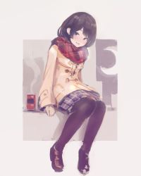 Rule 34 | 1girl, black hair, border, brown coat, coat, commentary, crescent moon, duffel coat, ears visible through hair, enpera, highres, hot drink, ito daka, light smile, long hair, long sleeves, moon, night, nijisanji, outdoors, pantyhose, plaid, plaid skirt, pleated skirt, purple eyes, red scarf, scarf, shoes, sitting, skirt, solo, straight hair, tsukino mito, tsukino mito (6th costume), virtual youtuber, white background