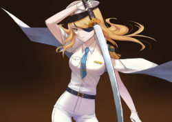 Rule 34 | 1girl, aqua neckwear, blonde hair, cape, eyepatch, feet out of frame, gloves, grand admiral marina, green eyes, guardian tales, highres, holding, holding weapon, long hair, looking at viewer, magicfishtaco, military, military uniform, naval uniform, pants, saber (weapon), simple background, swept bangs, sword, uniform, weapon, white gloves, white pants