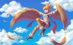 Rule 34 | 1girl, animal feet, bare shoulders, belt, belt pouch, bird legs, blonde hair, breasts, brown feathers, brown wings, chinese commentary, cloud, commentary request, fang, feathered wings, feathers, flying, harpy, high ponytail, highres, kono yuuza ga sonzaishinai, medium breasts, midriff, monster girl, navel, open mouth, original, pointy ears, ponytail, pouch, red eyes, red scarf, scarf, short hair, sky, solo, strapless, talons, thigh strap, tube top, white tube top, winged arms, wings