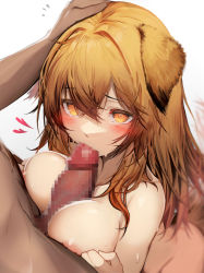 Rule 34 | 1boy, 1girl, absurdres, animal ears, arknights, breasts, censored, ceobe (arknights), completely nude, hand on another&#039;s head, heart, heart-shaped pupils, hetero, highres, large breasts, long hair, mosaic censoring, nipples, nude, orange hair, paizuri, penis, simple background, symbol-shaped pupils, tab head, tail, upper body, white background, yellow eyes