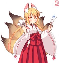 Rule 34 | 1girl, alternate costume, animal ear fluff, animal ears, artist logo, blonde hair, commentary request, cosplay, cowboy shot, dated, fox ears, fox tail, hakama, hakama skirt, highres, japanese clothes, kanon (kurogane knights), kantai collection, kemonomimi mode, long hair, looking at viewer, miko, multiple tails, ofuda, red hakama, ribbon-trimmed sleeves, ribbon trim, satsuki (kancolle), simple background, skirt, smile, solo, tail, twintails, white background, wide sleeves, yellow eyes