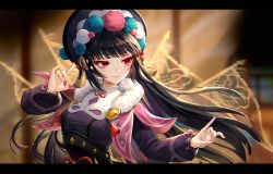 Rule 34 | 1girl, black corset, black hair, black headwear, blunt bangs, blurry, blurry background, bonnet, capelet, closed mouth, commentary request, corset, depth of field, eyeshadow, fingernails, floating hair, flower knot, fox shadow puppet, fur collar, genshin impact, hand up, highres, lalazyt, letterboxed, lolita fashion, long hair, long sleeves, looking away, looking to the side, makeup, multicolored clothes, multicolored headwear, pink capelet, qi lolita, red eyes, red eyeshadow, sidelocks, smile, solo, tassel, tsurime, upper body, vision (genshin impact), yun jin (genshin impact)