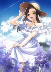 Rule 34 | 1girl, arm up, bare shoulders, blue sky, blurry, blurry foreground, blush, booota, breasts, brown eyes, brown hair, cleavage, cloud, cloudy sky, commentary request, contrail, curtained hair, dress, eyelashes, feet out of frame, fingernails, flower, frilled dress, frills, gotou airi, hand on headwear, hat, hige wo soru. soshite joshikousei wo hirou., highres, long dress, long hair, looking at viewer, mole, mole under eye, off-shoulder dress, off shoulder, official art, open mouth, skirt hold, sky, smile, solo, sun hat, teeth, tree, upper teeth only, white dress, yellow hat