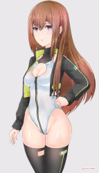 Rule 34 | 1girl, absurdres, alice gear aegis, black jacket, black thighhighs, booth babe, breasts, brown hair, cleavage cutout, clothing cutout, commentary request, cosplay, grey background, grey eyes, heattech leotard, highleg, highleg leotard, highres, jacket, leotard, long hair, looking at viewer, makise kurisu, rasen manga, simple background, skin tight, small breasts, solo, standing, steins;gate, thigh gap, thighhighs, turtleneck, white leotard
