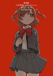 Rule 34 | 1girl, absurdres, aijou karen, bow, bowtie, breast pocket, brown eyes, brown hair, closed mouth, collared shirt, commentary, cowboy shot, english text, goe (g-o-e), grey jacket, grey skirt, hand up, highres, jacket, long sleeves, pleated skirt, pocket, red background, red bow, red bowtie, school uniform, seishou music academy uniform, shirt, shirt tucked in, short hair, shoujo kageki revue starlight, simple background, skirt, solo, translated, two side up, white shirt