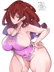 Rule 34 | 1girl, belly, breasts, bursting breasts, curly hair, curvy, highres, large breasts, long hair, matsuri (takayama toshinori), one-piece swimsuit, original, pink one-piece swimsuit, plump, red eyes, red hair, sideboob, solo, swimsuit, takayama toshinori, thick thighs, thighs, wavy hair, wide hips
