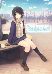 Rule 34 | 00s, 1girl, 2009, aoyama sumika, black hair, black socks, brown eyes, cloud, coffee-kizoku, day, female focus, from side, full body, kneehighs, loafers, nature, original, outdoors, plaid, plaid scarf, scarf, shoes, short hair, sitting, skirt, sky, socks, solo, sweater vest, tree, yellow sweater vest