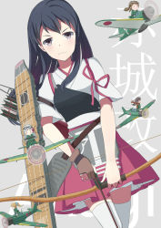 Rule 34 | 10s, 1girl, aircraft, airplane, akagi (kancolle), arrow (projectile), black hair, bow (weapon), brown eyes, brown gloves, fairy (kancolle), flight deck, foxbird, gloves, hakama, hakama skirt, japanese clothes, kantai collection, long hair, looking at viewer, machinery, mini person, minigirl, muneate, partially fingerless gloves, partly fingerless gloves, pleated skirt, red hakama, red skirt, single glove, skirt, tasuki, thighhighs, weapon, white thighhighs, yugake