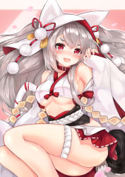 Rule 34 | 1girl, :d, animal ears, animal hood, ass, azur lane, blurry, blurry background, blush, bow, breasts, brown eyes, commentary request, crop top, depth of field, fang, feet out of frame, hair between eyes, head tilt, highres, hood, hood down, long hair, long sleeves, looking at viewer, medium breasts, nail polish, open mouth, petals, pinching sleeves, pleated skirt, pom pom (clothes), red bow, red eyes, red skirt, ryara, short eyebrows, skirt, sleeves past wrists, smile, solo, tail, thick eyebrows, underboob, very long hair, wide sleeves, wolf, wolf ears, wolf tail, yuudachi (azur lane), yuudachi (the bride of solomon) (azur lane)