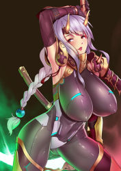 Rule 34 | 1girl, arm up, armor, armpits, black gloves, blush, braid, breasts, covered erect nipples, covered navel, curvy, detached sleeves, energy blade, eyeliner, forehead protector, gloves, gluteal fold, highres, holding, holding weapon, horns, huge breasts, japanese armor, kote, lips, lipstick, long hair, makeup, mature female, miga (migao), ninja, no mask, oni horns, original, parted lips, purple eyes, scythe, sheath, sheathed, shiny clothes, sidelocks, silver hair, single braid, skin tight, solo, tassel, very long hair, weapon