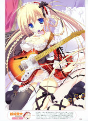 Rule 34 | 1girl, absurdres, amplifier, blonde hair, blue eyes, braid, breasts, cameltoe, cleavage, collar, cross-laced footwear, curtains, electric guitar, fender (company), finger to mouth, frilled pillow, frills, guitar, hair ribbon, hairband, highres, image sample, instrument, long hair, medium breasts, mouth hold, panties, pillow, plectrum, polka dot, ribbon, shoes, single thighhigh, solo, thighhighs, tsurusaki takahiro, underwear, very long hair