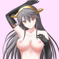 Rule 34 | 1girl, absurdres, armpits, bare shoulders, black gloves, black hair, breasts, co-de, collarbone, elbow gloves, gloves, hair between eyes, hairband, haruna (kancolle), highres, kantai collection, large breasts, long hair, navel, nipples, smile, solo, topless