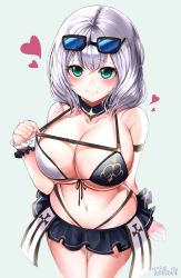 Rule 34 | 1girl, absurdres, alternate costume, arm behind back, bikini, blush, breasts, choker, cleavage, collarbone, come hither, cowboy shot, eyewear on head, front-tie bikini top, front-tie top, green eyes, grey hair, hair between eyes, heart, highres, hololive, large breasts, looking at viewer, miniskirt, navel, shirogane noel, shirogane noel (summer 2020), short hair, simple background, skirt, smile, solo, strap pull, sunglasses, swimsuit, tokikori, virtual youtuber