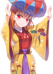 Rule 34 | 1girl, arms up, bad id, bad pixiv id, breasts, commentary request, commission, hat, japanese clothes, kimono, kitahara tomoe (kitahara koubou), looking at viewer, love live!, love live! sunshine!!, medium breasts, okinawa, orange hair, pixiv commission, red eyes, ryuusou, smile, solo, takami chika