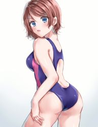 Rule 34 | 1girl, ass, back, back cutout, bad id, bad twitter id, blue eyes, blue one-piece swimsuit, breasts, brown hair, clothing cutout, commentary request, competition swimsuit, from behind, hand on own thigh, highres, looking at viewer, looking back, love live!, love live! sunshine!!, medium breasts, minori 748, one-piece swimsuit, open mouth, short hair, solo, swimsuit, v-shaped eyebrows, watanabe you
