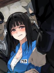 Rule 34 | 1girl, 3boys, black hair, black jacket, blue jacket, blurry, blush, breasts, cleavage, collarbone, commentary request, depth of field, dutch angle, funi mu9, grey hair, highres, jacket, large breasts, long hair, multiple boys, name tag, original, purple eyes, shadow, shirt, solo focus, sunglasses, translation request, white shirt