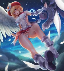Rule 34 | 10s, 1girl, angel wings, armor, armored dress, bad id, bad pixiv id, bare shoulders, blonde hair, breastplate, breasts, feathered wings, floating, from below, laila (queen&#039;s blade), looking at viewer, mechanical wings, no bra, open mouth, purple eyes, queen&#039;s blade, queen&#039;s blade rebellion, short hair, solo, tasselcat, winged hat, wings