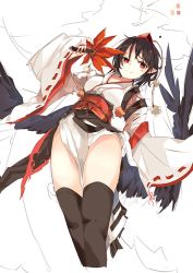 Rule 34 | 1girl, black hair, black thighhighs, black wings, closed mouth, commentary request, cropped legs, dress, hat, holding, japanese clothes, leaf fan, looking at viewer, pointy ears, red eyes, shameimaru aya, short hair, side slit, smile, solo, standing, tetsurou (fe+), thighhighs, tokin hat, touhou, white background, white dress, wide sleeves, wings