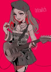Rule 34 | 1girl, :d, artiswitch, benimashi (onm5m), beret, black choker, black hat, black skirt, brown hair, chain, chain necklace, choker, claw ring, cowboy shot, ear piercing, earrings, electric guitar, fishnet pantyhose, fishnets, guitar, hand up, hat, highres, holding, holding guitar, holding instrument, holding plectrum, instrument, jewelry, long hair, looking at viewer, mana (artiswitch), nail polish, necklace, open mouth, pantyhose, piercing, pink background, pink eyes, pink lips, plectrum, shirt, single leg pantyhose, skirt, smile, solo, standing, striped clothes, striped shirt