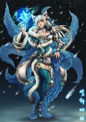 Rule 34 | ahri (league of legends), alternate costume, animal ears, armor, aura, bare shoulders, bell, belt, blue tail, blue theme, blue thighhighs, covered erect nipples, facial mark, fingernails, floating, fox ears, fox tail, fur trim, glint, glowing, greaves, hair bell, hair ornament, highres, kitsune, league of legends, lens flare, long hair, long sleeves, mad kimo, multiple tails, open mouth, pauldrons, pink lips, shoulder armor, signature, single pauldron, single thighhigh, snow, snowing, solo, tail, teeth, thighhighs, twintails, upper teeth only, vambraces, whisker markings, white hair, wide sleeves, yellow eyes