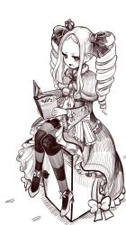 Rule 34 | &gt;:o, 10s, 1girl, :o, beatrice (re:zero), blush, boa (brianoa), book, child, commentary, crown, dress, drill hair, frown, gown, greyscale, hair ribbon, high heels, highres, holding, holding book, lolita fashion, long hair, looking to the side, mini crown, monochrome, monochrome background, open mouth, pantyhose, pom pom (clothes), re:zero kara hajimeru isekai seikatsu, ribbon, simple background, sitting, solo, star-shaped pupils, star (symbol), striped clothes, striped pantyhose, symbol-shaped pupils, twin drills, twintails, v-shaped eyebrows, white background, wide sleeves