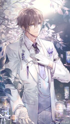 Rule 34 | &gt;:), 1boy, beckoning, brown hair, candle, closed mouth, collared shirt, cowboy shot, flower, formal, full moon, gloves, grey vest, hair between eyes, hair ribbon, hand on own chest, highres, jacket, lapel pin, lapels, leaf, light particles, long hair, long sleeves, looking at viewer, lovebrush chronicles, low ponytail, male focus, moon, necktie, nevakuma (fanfanas), notched lapels, o&#039;connor (lovebrush chronicles), official art, pants, pocket square, purple eyes, purple flower, purple necktie, ribbon, shirt, sleeve garter, smile, solo, standing, suit, suit jacket, tree, v-shaped eyebrows, vest, weibo logo, weibo watermark, white gloves, white jacket, white pants, white ribbon, white shirt, white suit