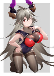 Rule 34 | 1girl, absurdres, ahoge, bare shoulders, bodystocking, breasts, cleavage, closed mouth, collarbone, covered collarbone, covered erect nipples, covered navel, draph, fishnets, full body, gold trim, granblue fantasy, grey hair, hair between eyes, hand on own hip, hands up, highleg, highleg leotard, highres, horns, impossible clothes, kneeling, large breasts, leaning forward, leotard, long hair, looking at viewer, no shoes, pantyhose, pointy ears, red eyes, sailor collar, simple background, smile, solo, swimsuit, thighband pantyhose, threo (granblue fantasy), turtleneck, unkobako, very long hair