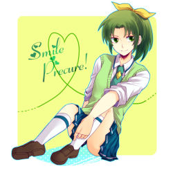 Rule 34 | 10s, 1girl, copyright name, full body, green eyes, green hair, green necktie, green sweater vest, heart, heart of string, kneehighs, loafers, matching hair/eyes, midorikawa nao, mikami (mkm0v0), necktie, ponytail, precure, school uniform, shoes, short hair, sitting, skirt, sleeves rolled up, smile, smile precure!, socks, solo, sweater vest, white socks, yellow background