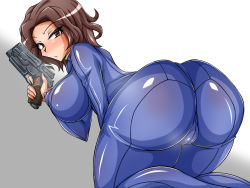 Rule 34 | 1girl, artist request, ass, blush, breasts, character request, curvy, fallout (series), gun, highres, huge ass, jumpsuit, large breasts, solo, vault suit, weapon