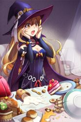 Rule 34 | 1girl, bell, belt, blonde hair, bread, breasts, cake, cape, choker, cleavage, cookie, cup, dress, female focus, food, gelatin, gradient background, hat, indoors, long hair, lowres, open mouth, pantyhose, ribbon, solo, spill, spoon, sword girls, table, witch, witch hat, yellow eyes