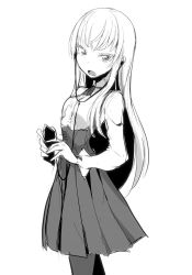 Rule 34 | 1girl, digital media player, dress, earphones, greyscale, ipod, ken (koala), long hair, long sleeves, looking at viewer, md5 mismatch, monochrome, open mouth, original, pantyhose, simple background, solo, white background