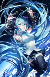 Rule 34 | 1girl, aqua eyes, aqua hair, aqua nails, aqua necktie, arm up, armpits, boots, breasts, earth (planet), happy, hatsune miku, highres, in orbit, looking at viewer, medium breasts, meltyrice, microphone, nail polish, necktie, open mouth, outstretched arm, planet, skirt, sleeveless, smile, solo, thigh boots, thighhighs, tie clip, vocaloid, zettai ryouiki