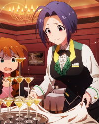 Rule 34 | 10s, 2girls, ahoge, baba konomi, blue hair, bow, bowtie, cocktail glass, cup, drinking glass, idolmaster, idolmaster (classic), idolmaster million live!, miura azusa, multiple girls, official art, red eyes, short hair, solo focus, tablecloth, turn pale, vest
