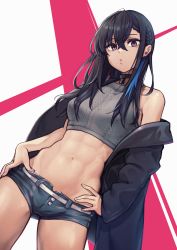 Rule 34 | 1girl, abs, black hair, blouse, braid, breasts, choker, cowboy shot, hair between eyes, hand on own hip, hands on own hips, highres, ichinose uruha, jacket, long sleeves, looking at viewer, lupinus virtual games, midriff, muscular, muscular female, navel, open clothes, open jacket, shirt, short shorts, shorts, side braid, single braid, sleeveless, sleeveless shirt, small breasts, solo, uso ashio, virtual youtuber, vspo!