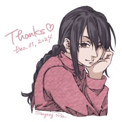 1girl black_hair braid chainsaw_man hand_on_own_cheek hand_on_own_face long_hair looking_at_viewer nayuta_(chainsaw_man) pink_sweater ringed_eyes simple_background single_braid solo stargazypie_u sweater turtleneck turtleneck_sweater white_background